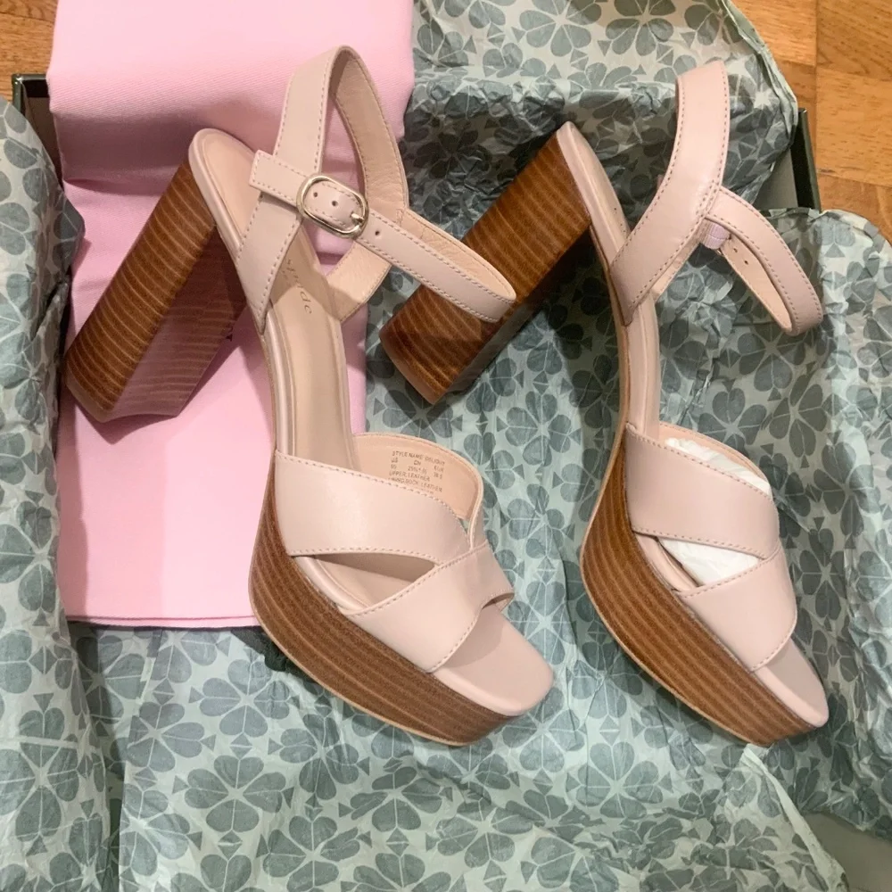 Kate Spade Delight Nude Leather Platform Heels Block Heel Ankle Strap Sandals 9